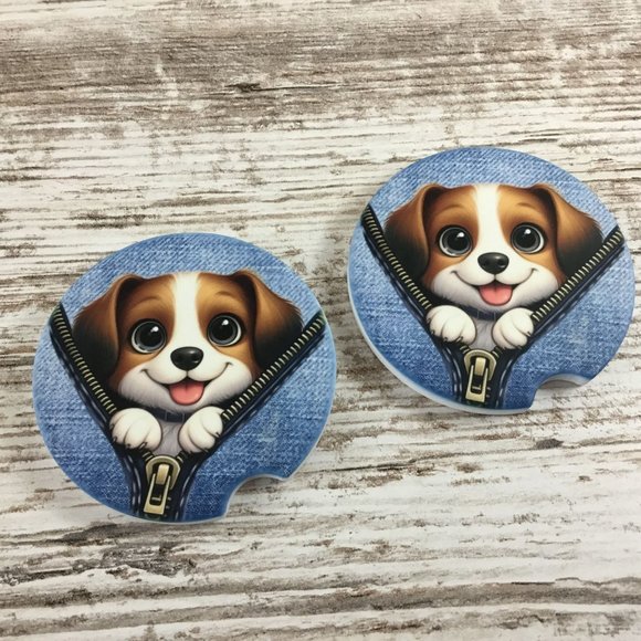 Dog Peek-a-Boo Zipper Car Coasters Set of 2 - Picture 4 of 7